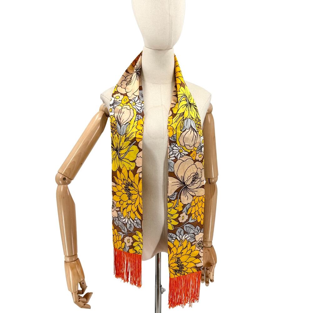 Vintage 70s Yellow Satin Floral Fringe Skinny Scarf